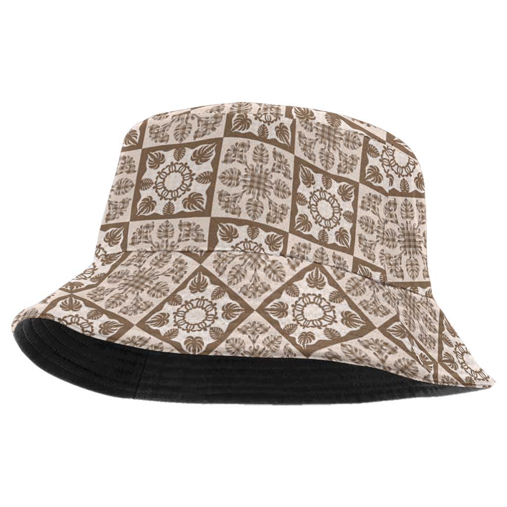 Beige Palaka Quilt Hawaii Bucket Hat Hawaiian Tropical Monstera Sea Turtle
