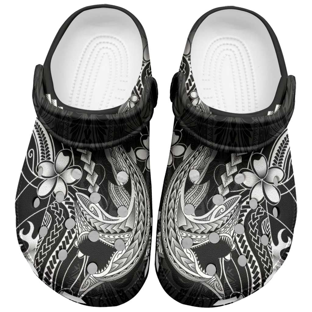 Black Aloha Hawaii Clogs Shoes Polynesian Shark Tattoo With Plumeria - Polynesian Pride