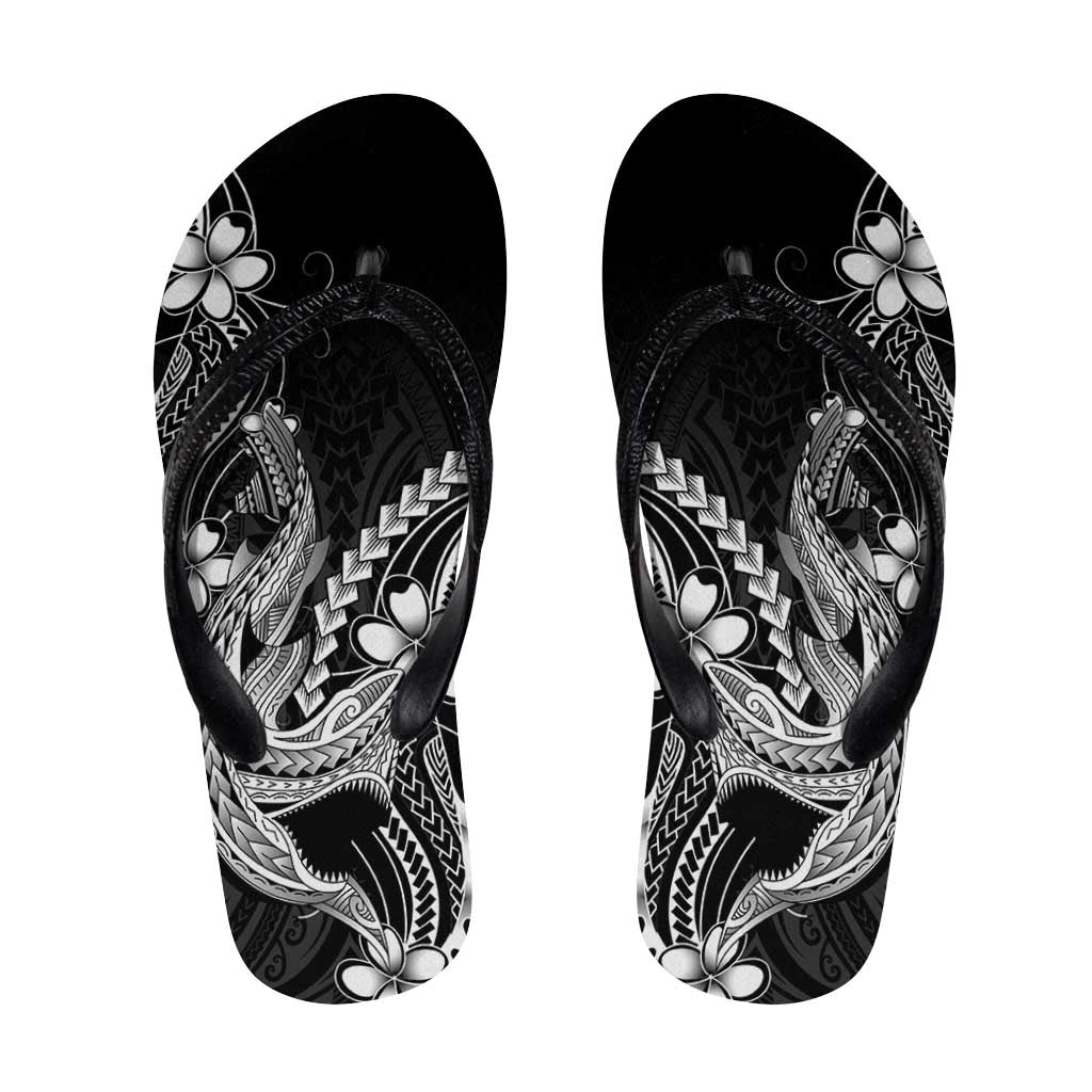 Black Aloha Hawaii Flip Flops Polynesian Shark Tattoo With Plumeria - Polynesian Pride
