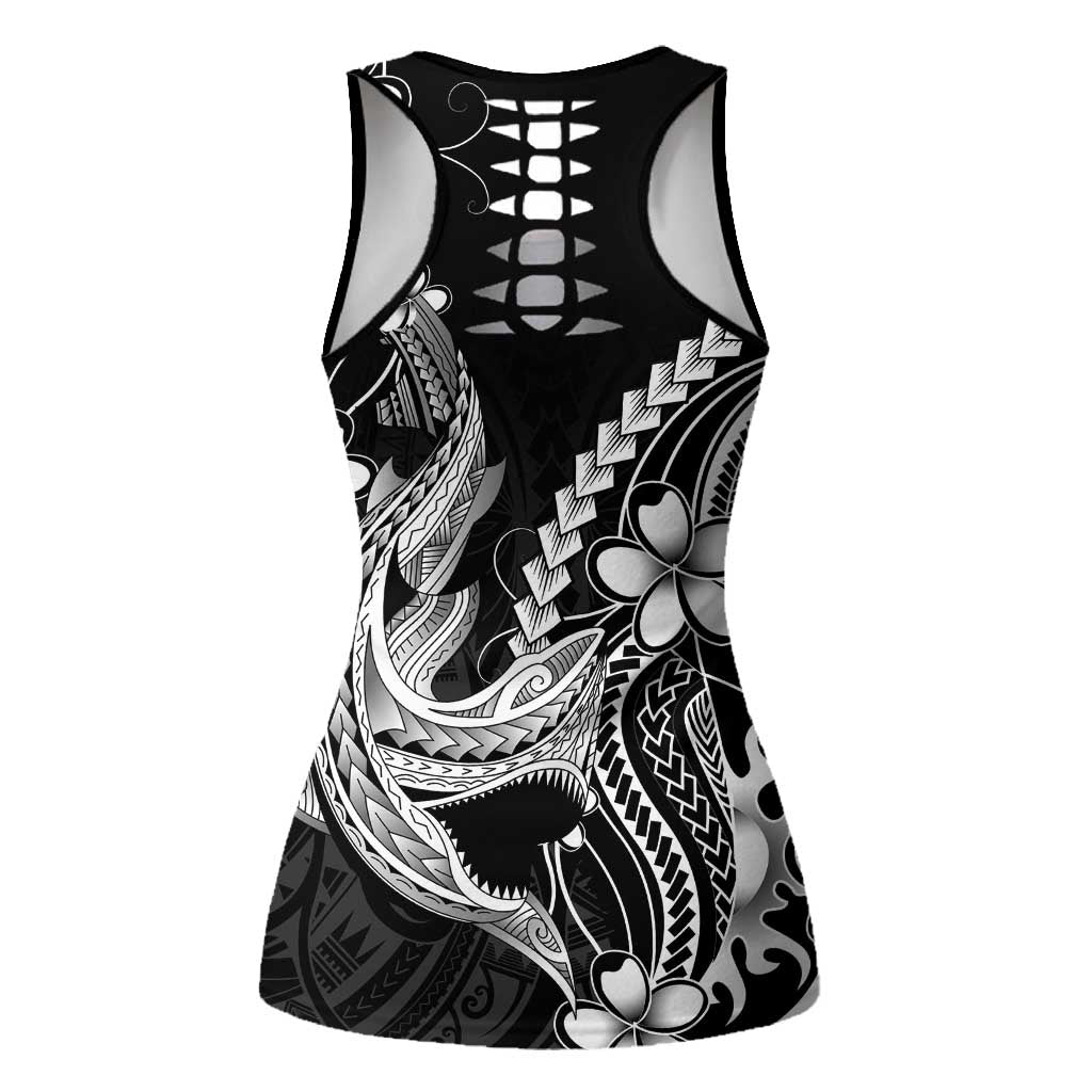 Black Aloha Hawaii Hollow Tank Top Polynesian Shark Tattoo With Plumeria - Polynesian Pride
