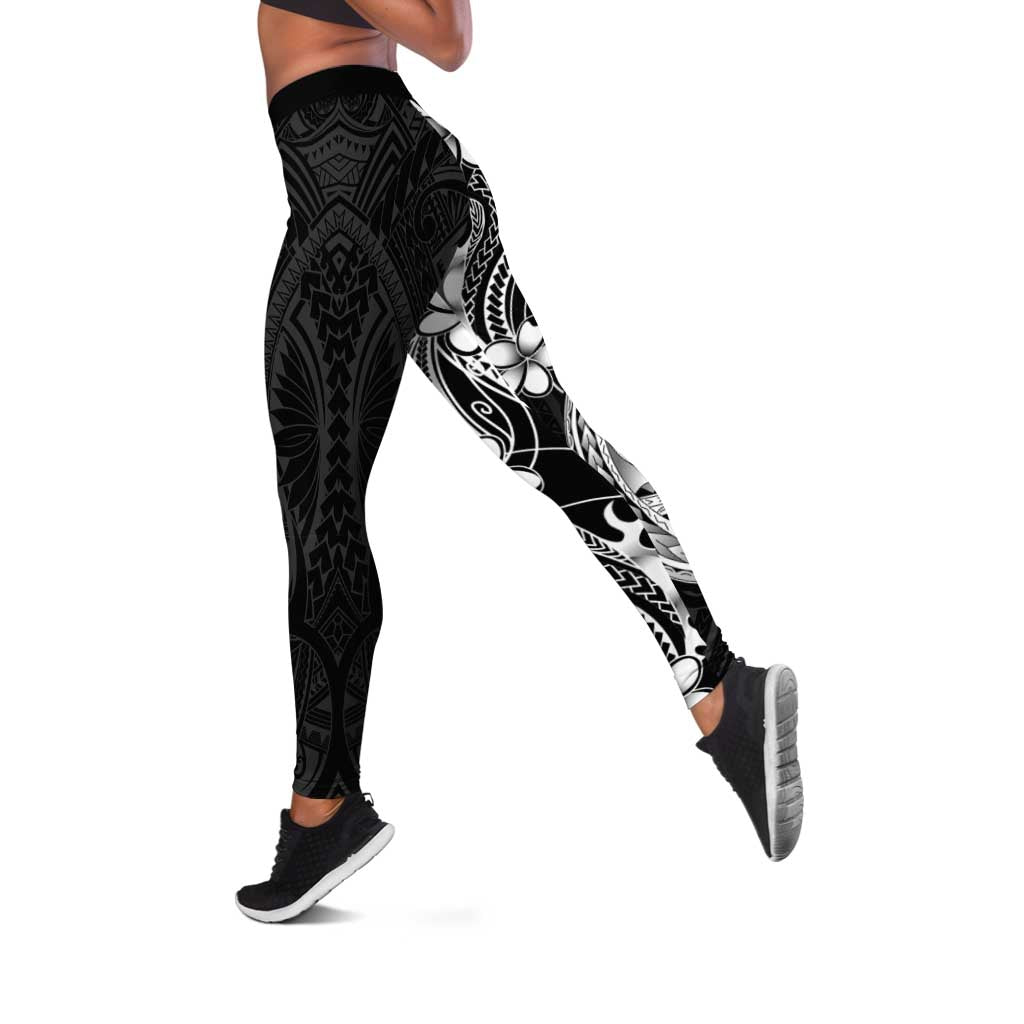 Black Aloha Hawaii Leggings Polynesian Shark Tattoo With Plumeria - Polynesian Pride
