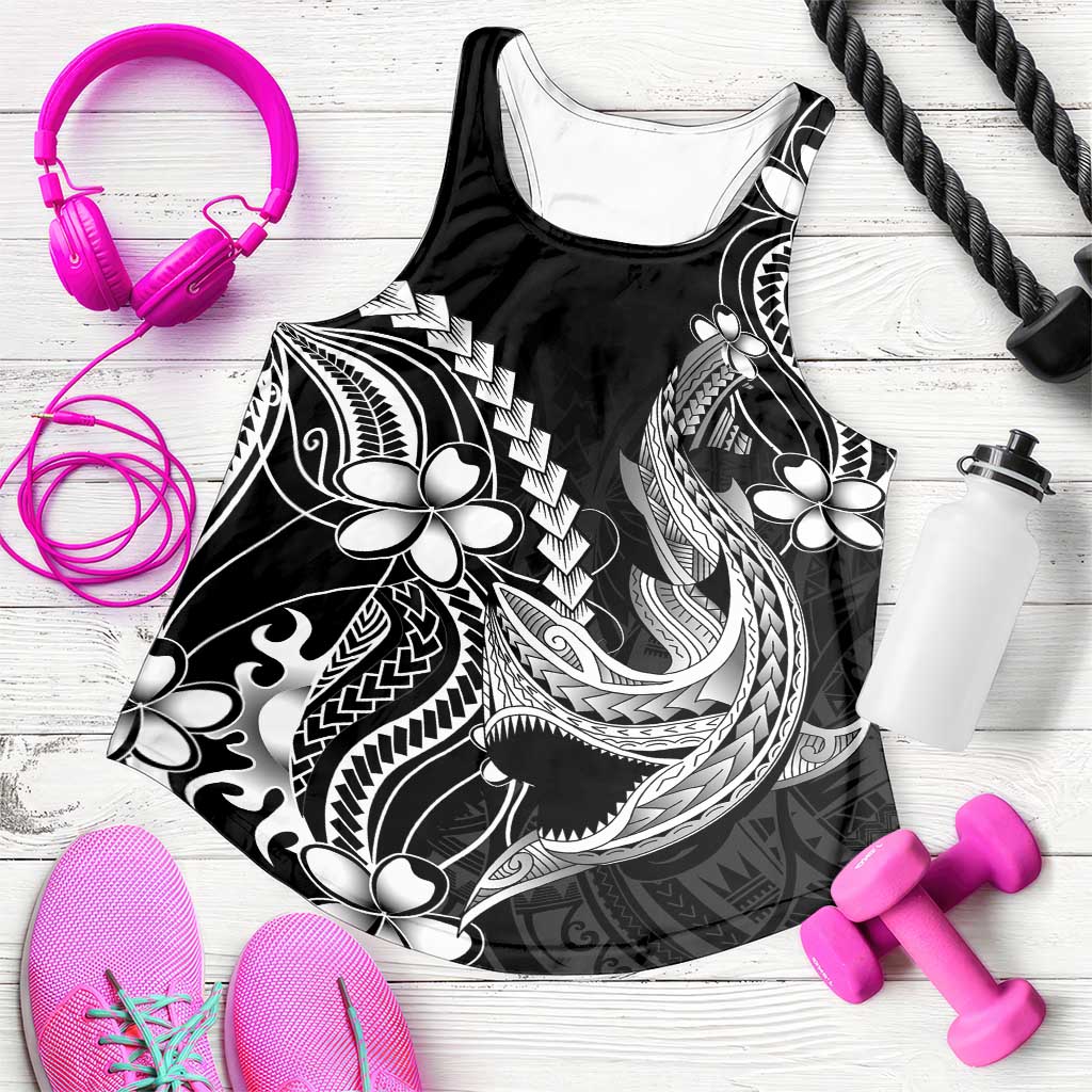 Black Aloha Hawaii Women Racerback Tank Polynesian Shark Tattoo With Plumeria - Polynesian Pride