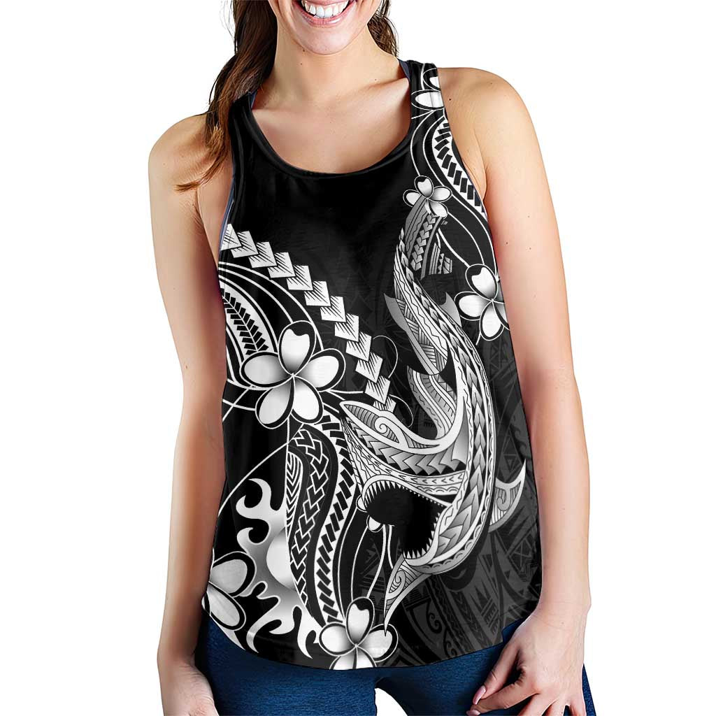 Black Aloha Hawaii Women Racerback Tank Polynesian Shark Tattoo With Plumeria - Polynesian Pride