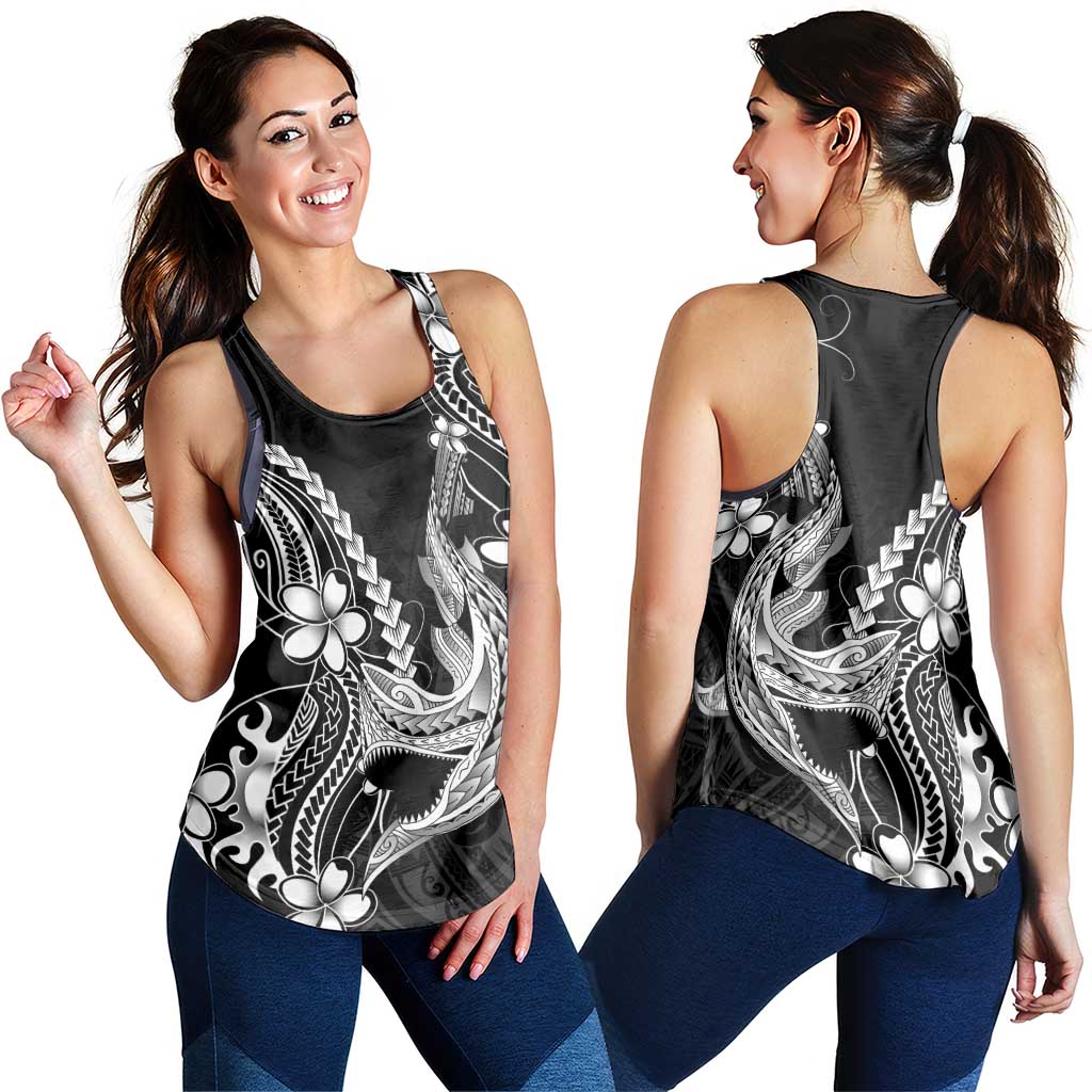 Black Aloha Hawaii Women Racerback Tank Polynesian Shark Tattoo With Plumeria - Polynesian Pride