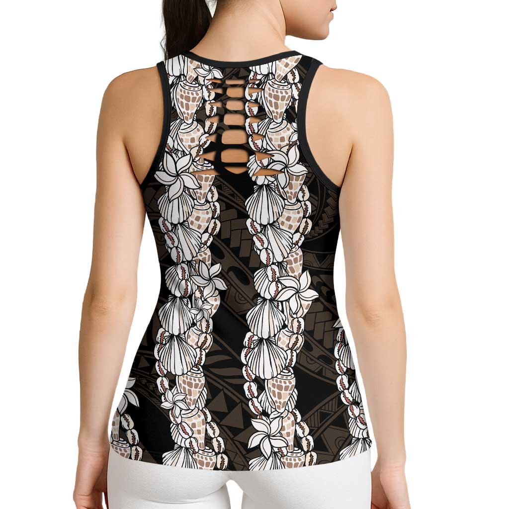 Black and Beige Hawaii Shell Lei Hollow Tank Top Hawaiian Sunrise Shell Hebrew Cone Plumeria - Polynesian Pride