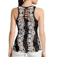 Black and Beige Hawaii Shell Lei Hollow Tank Top Hawaiian Sunrise Shell Hebrew Cone Plumeria - Polynesian Pride