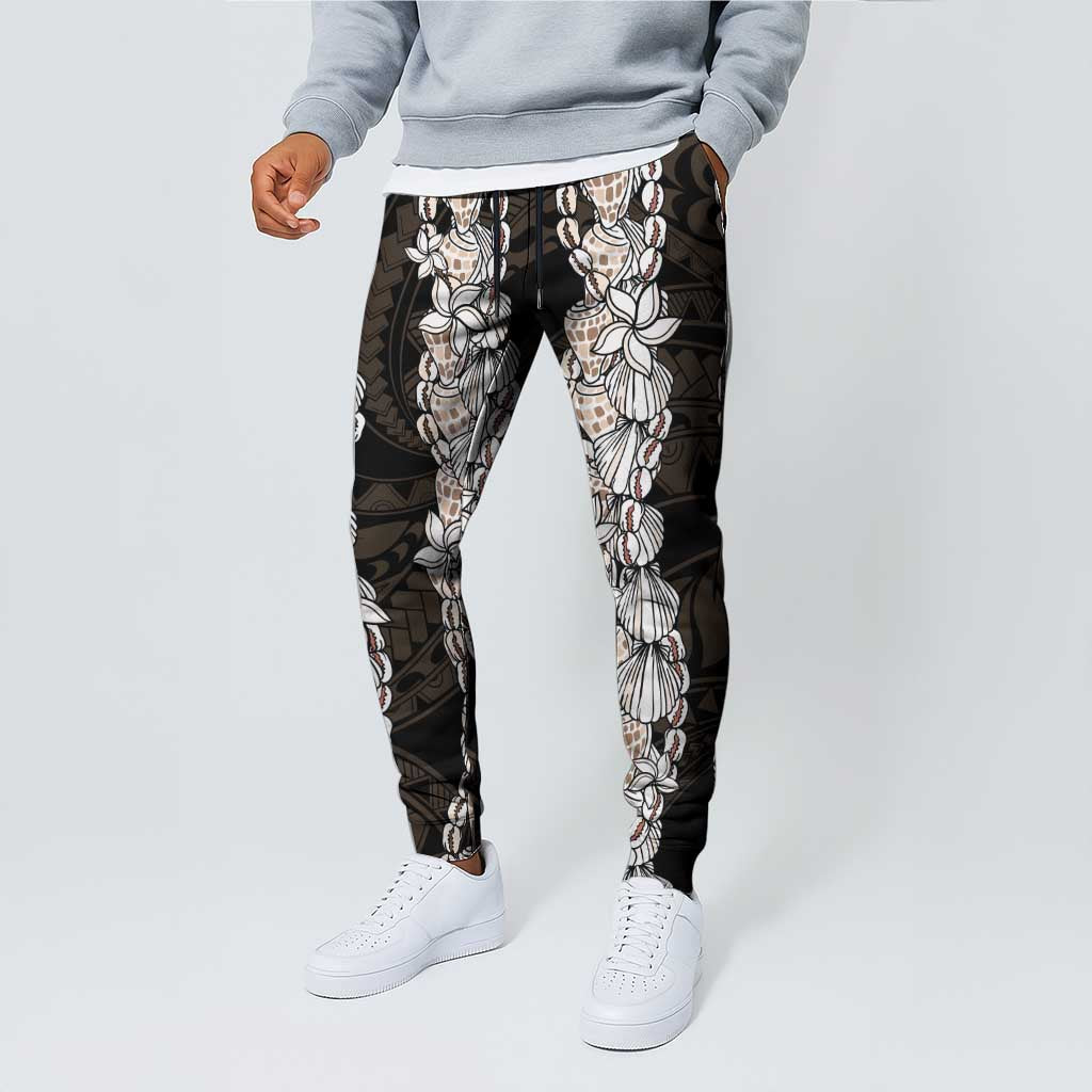 Black and Beige Hawaii Shell Lei Jogger Pants Hawaiian Sunrise Shell Hebrew Cone Plumeria - Polynesian Pride