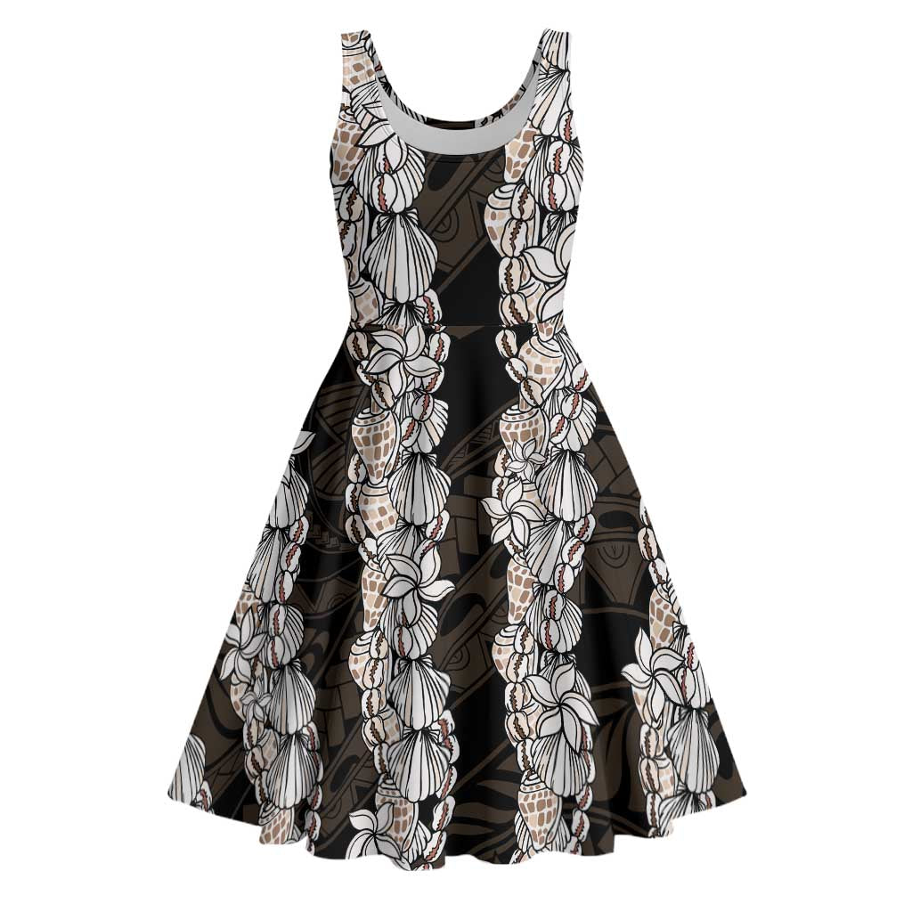 Black and Beige Hawaii Shell Lei Midi Dress Hawaiian Sunrise Shell Hebrew Cone Plumeria - Polynesian Pride