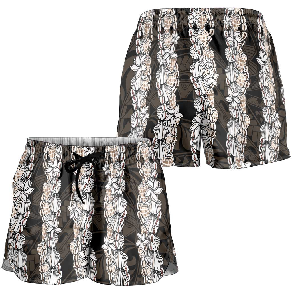 Black and Beige Hawaii Shell Lei Shorts for Women Hawaiian Sunrise Shell Hebrew Cone Plumeria - Polynesian Pride