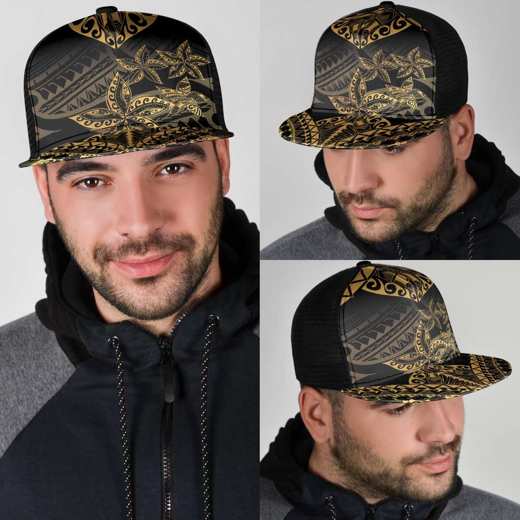 Black and Gold Polynesia Mesh Trucker Cap Plumeria Tattoo With Polynesian Pattern - Polynesian Pride