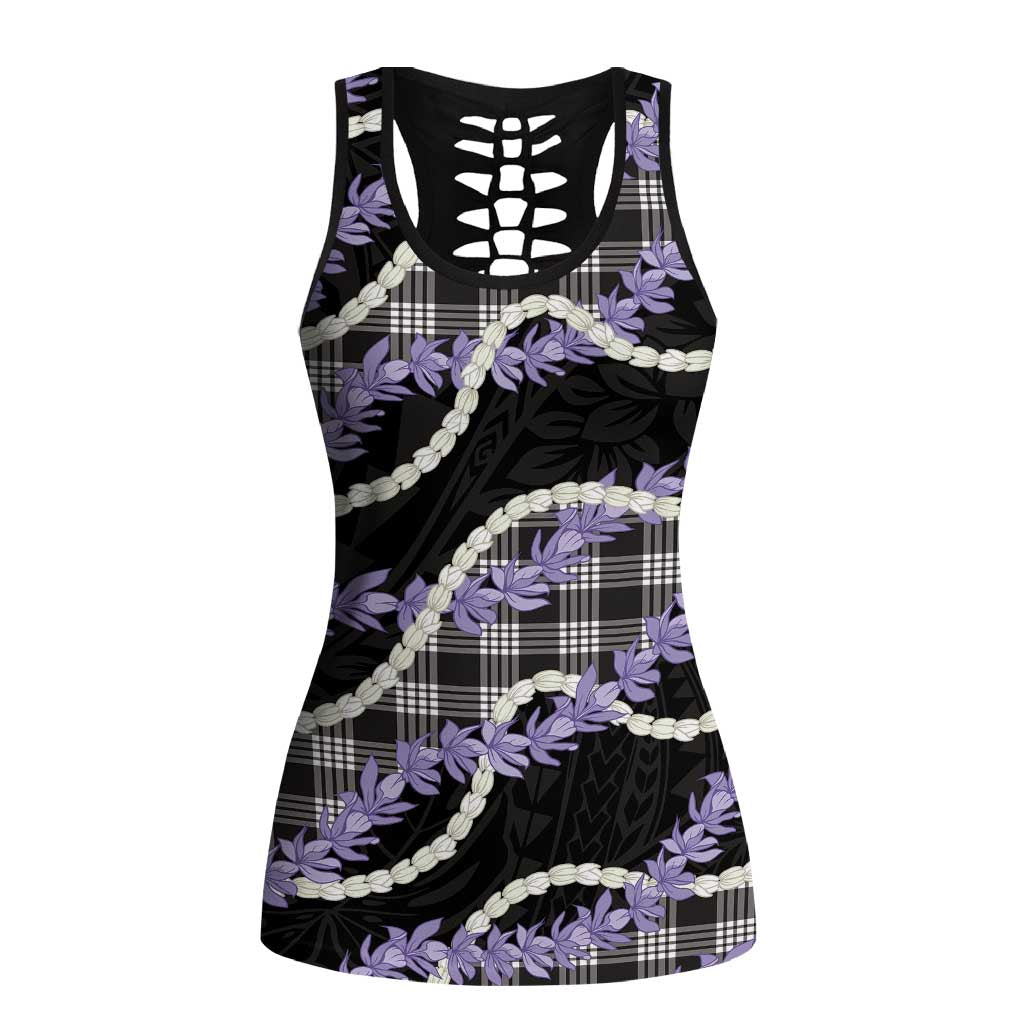 Black Hawaii Palaka Honohono Pikake Hollow Tank Top Hawaiian Orchid Lei Polynesian Pattern - Polynesian Pride