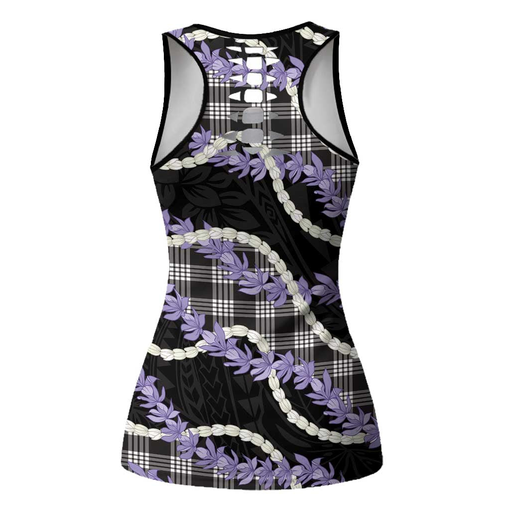 Black Hawaii Palaka Honohono Pikake Hollow Tank Top Hawaiian Orchid Lei Polynesian Pattern - Polynesian Pride