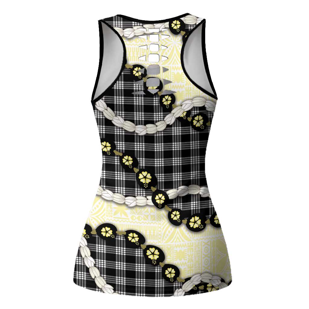 Black Palaka Hawaii Hollow Tank Top Kukui Nut Pikake Lei Hawaiian Tapa Pattern - Polynesian Pride