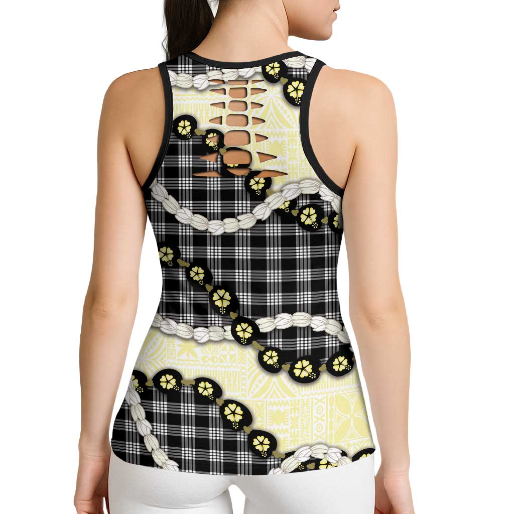 Black Palaka Hawaii Hollow Tank Top Kukui Nut Pikake Lei Hawaiian Tapa Pattern - Polynesian Pride