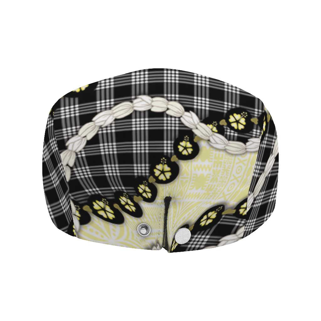 Black Palaka Hawaii Jeff Hat Kukui Nut Pikake Lei Hawaiian Tapa Pattern - Polynesian Pride