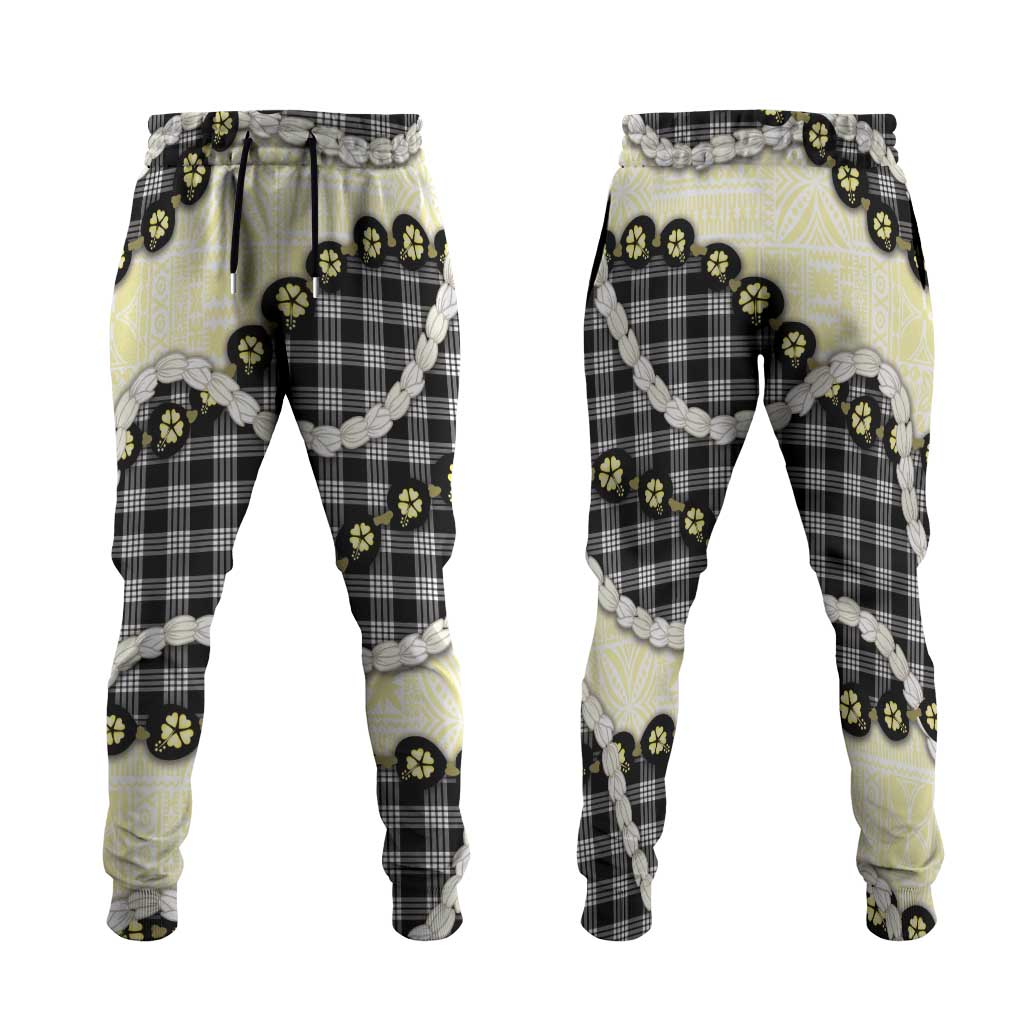 Black Palaka Hawaii Jogger Pants Kukui Nut Pikake Lei Hawaiian Tapa Pattern - Polynesian Pride