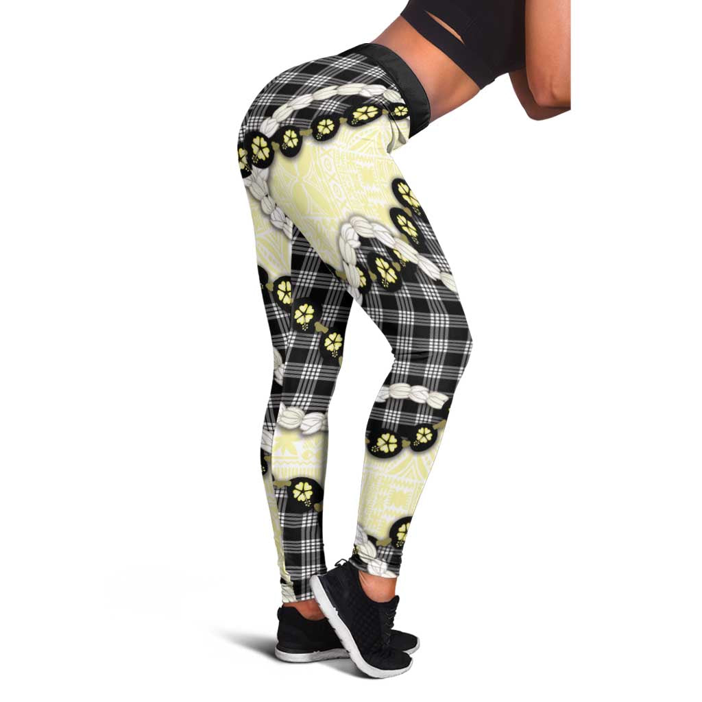 Black Palaka Hawaii Leggings Kukui Nut Pikake Lei Hawaiian Tapa Pattern - Polynesian Pride