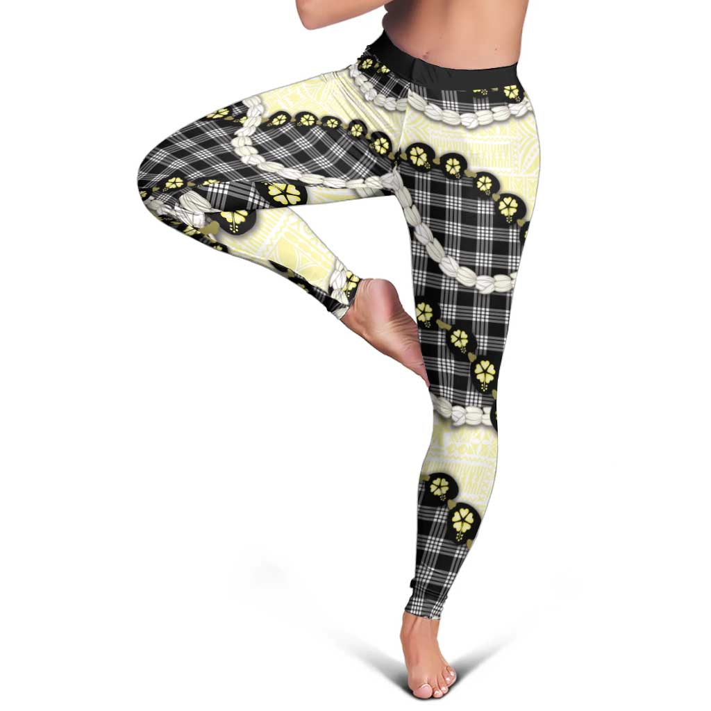 Black Palaka Hawaii Leggings Kukui Nut Pikake Lei Hawaiian Tapa Pattern - Polynesian Pride