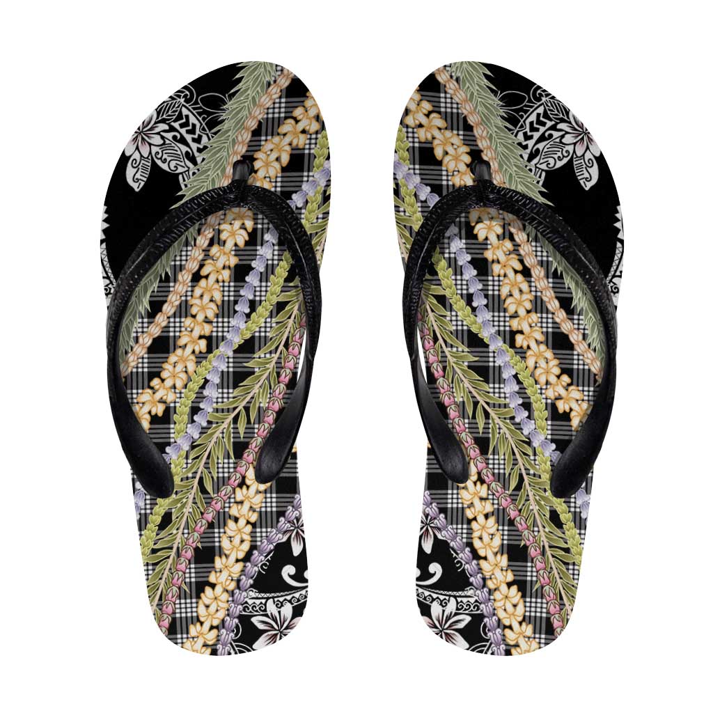 Black Palaka Hawaii Leis Flip Flops Hawaiian-plaid Elegant Tropical Vibes LT14 Black - Polynesian Pride