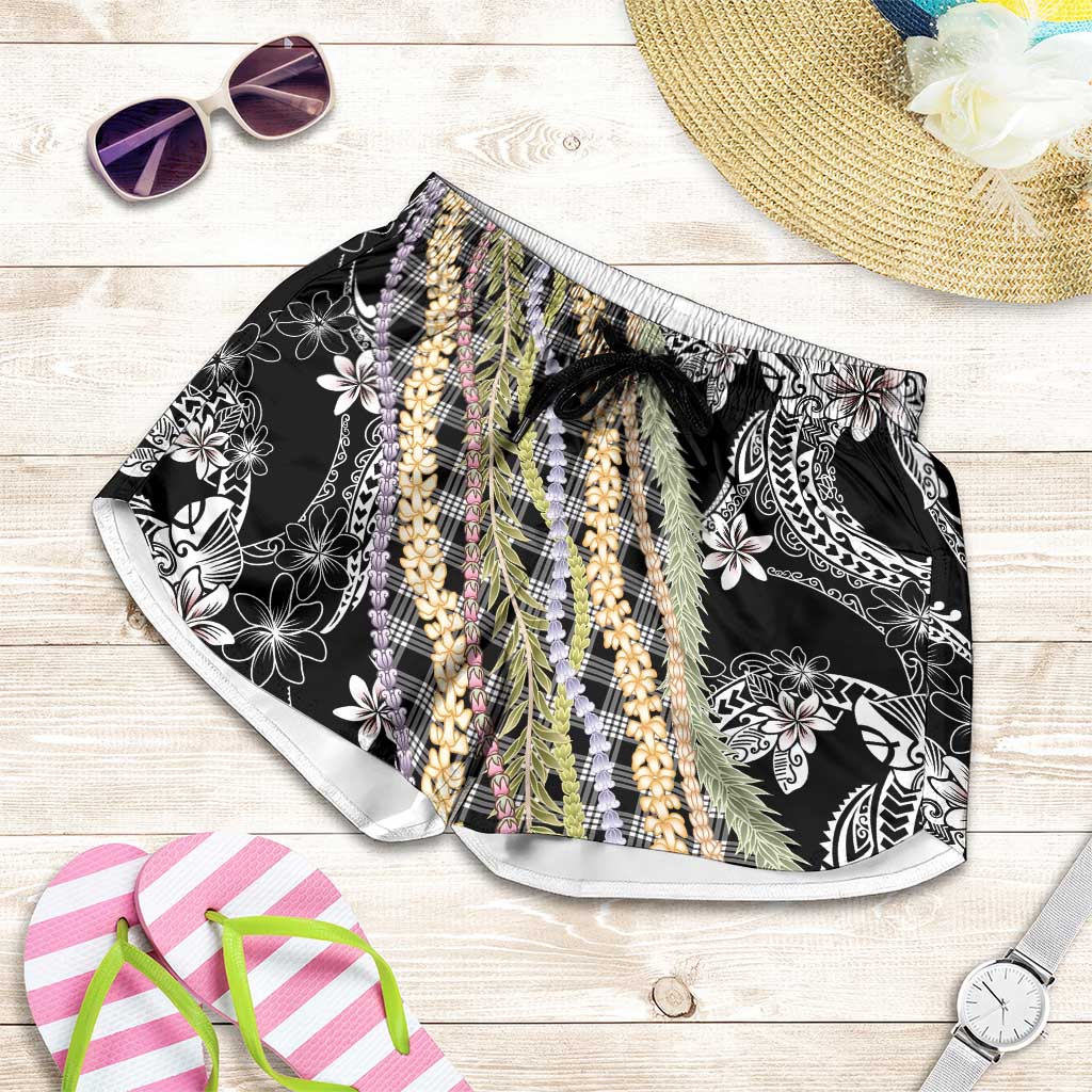 Black Palaka Hawaii Leis Shorts for Women Hawaiian-plaid Elegant Tropical Vibes - Polynesian Pride