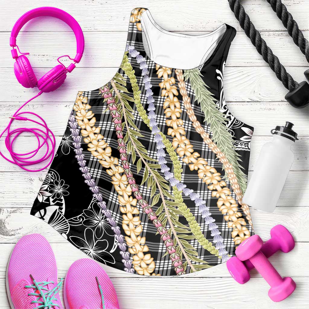 Black Palaka Hawaii Leis Women Racerback Tank Hawaiian-plaid Elegant Tropical Vibes - Polynesian Pride
