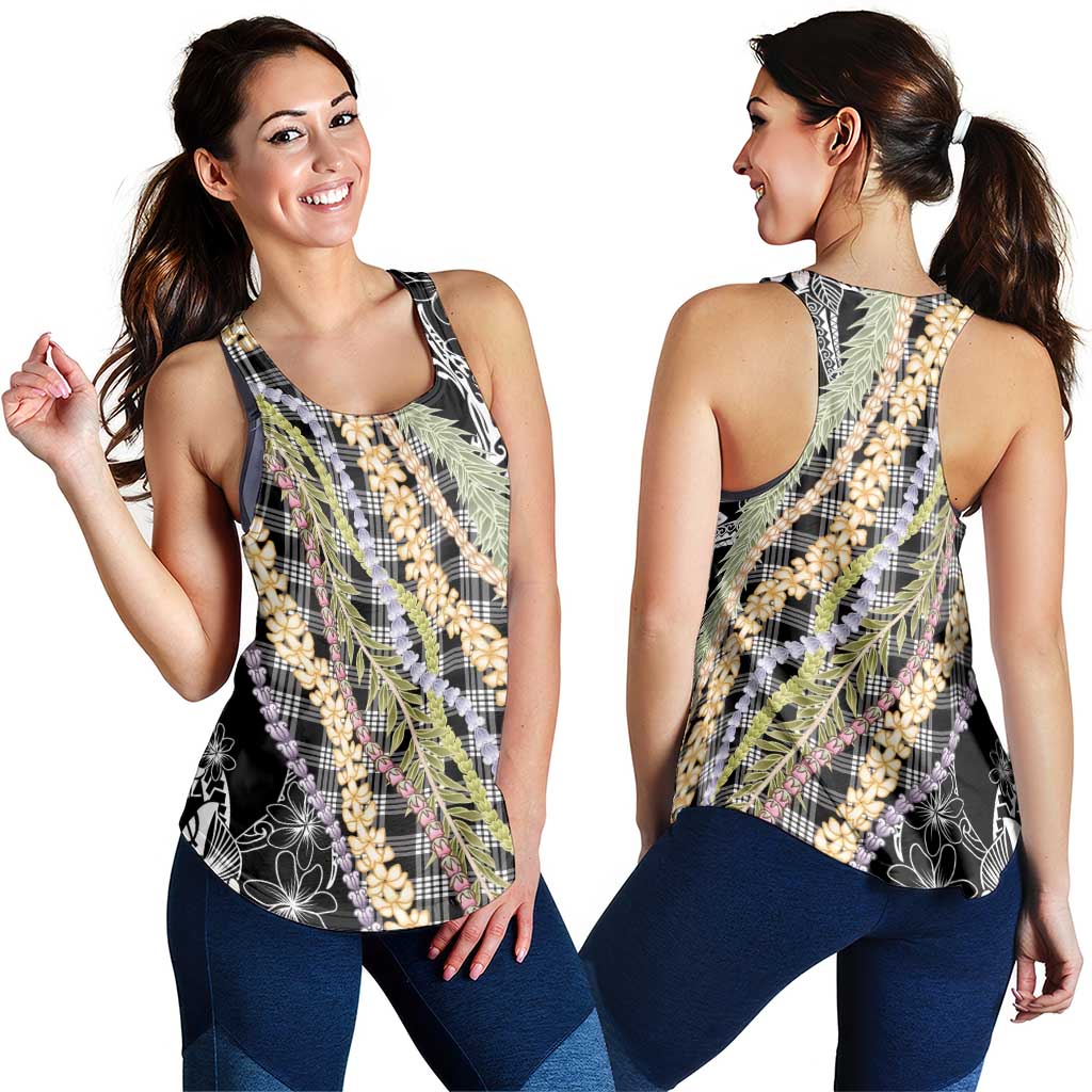 Black Palaka Hawaii Leis Women Racerback Tank Hawaiian-plaid Elegant Tropical Vibes - Polynesian Pride