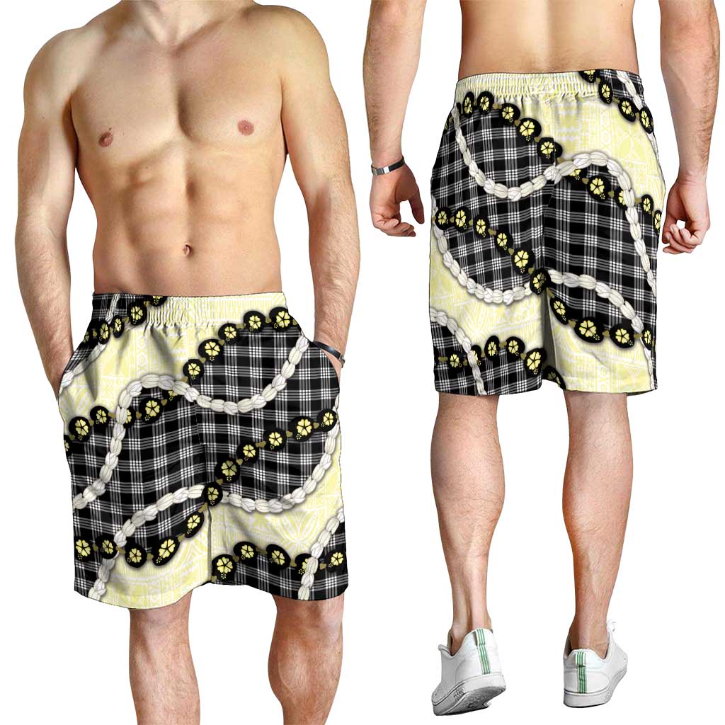 Black Palaka Hawaii Shorts for Men Kukui Nut Pikake Lei Hawaiian Tapa Pattern - Polynesian Pride