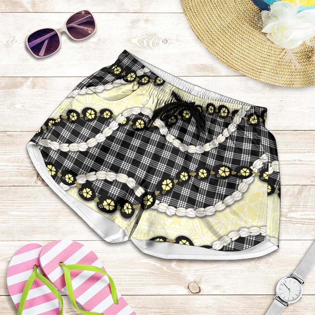 Black Palaka Hawaii Shorts for Women Kukui Nut Pikake Lei Hawaiian Tapa Pattern - Polynesian Pride