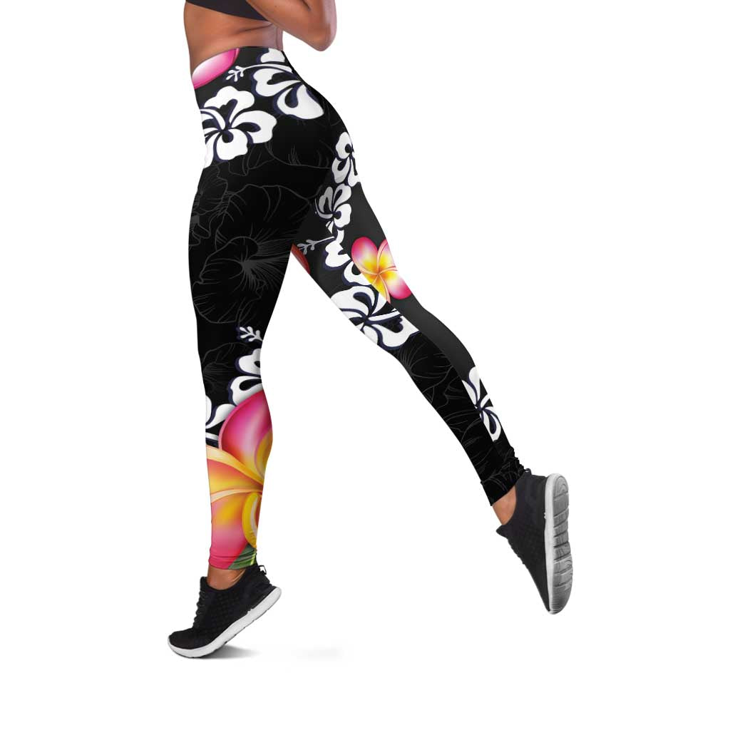 Black Polynesia Leggings Plumeria With Hibiscus Pattern Tropical Vibes - Polynesian Pride