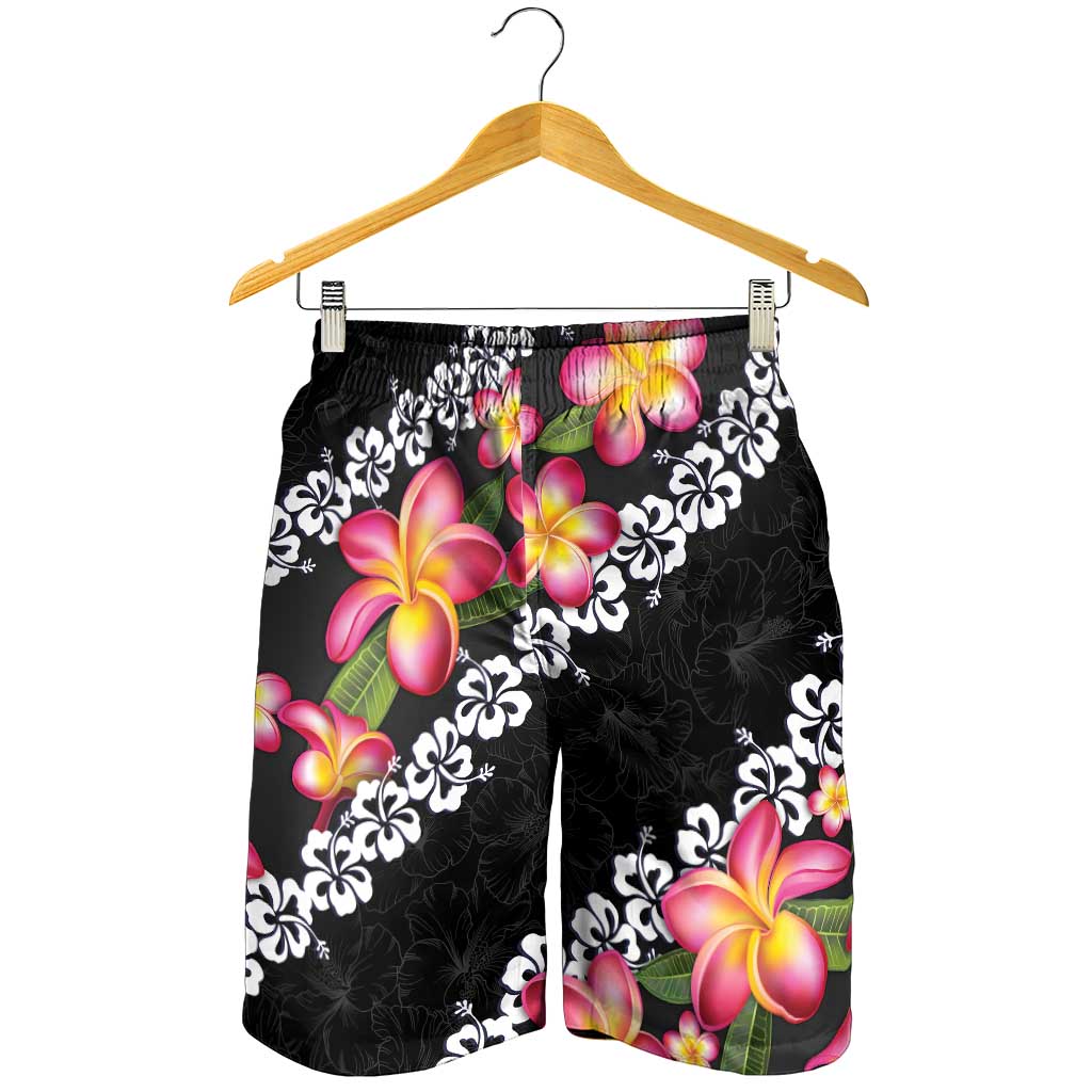 Black Polynesia Shorts for Men Plumeria With Hibiscus Pattern Tropical Vibes LT14 - Polynesian Pride