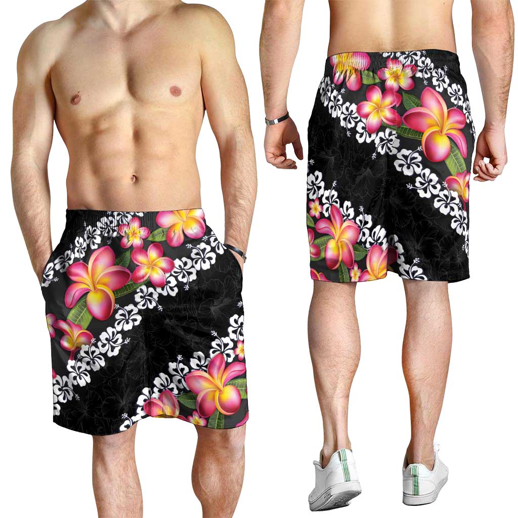 Black Polynesia Shorts for Men Plumeria With Hibiscus Pattern Tropical Vibes LT14 - Polynesian Pride