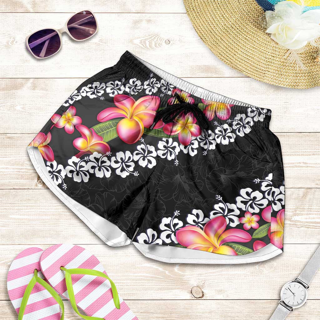 Black Polynesia Shorts for Women Plumeria With Hibiscus Pattern Tropical Vibes LT14 Black - Polynesian Pride