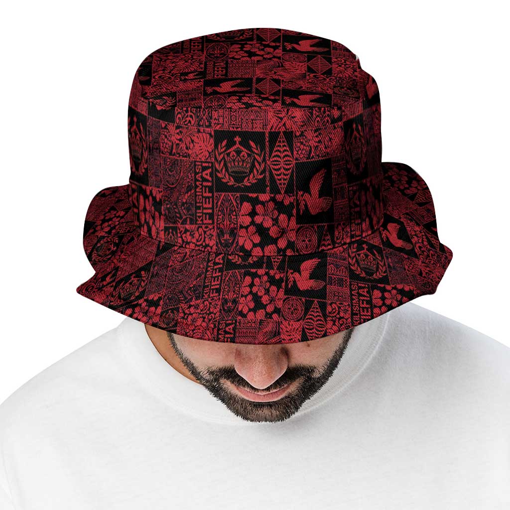Black Tonga Kilisimasi Fiefia Bucket Hat Pacific Patchwork Xmas Vibes - Polynesian Pride