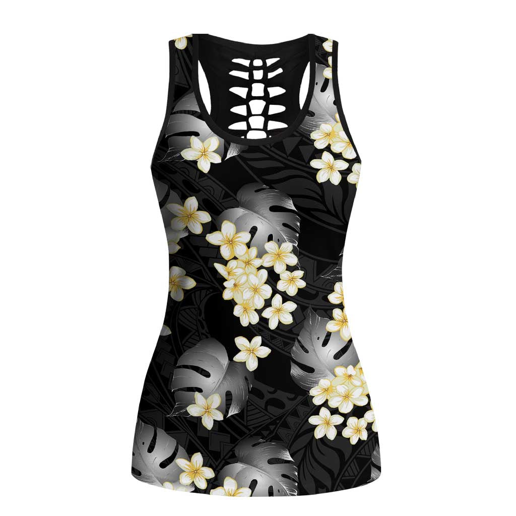 Black Tropical Hawaii Hollow Tank Top Seamless Monstera Plumeria Hawaiian Pattern LT14 Female Black - Polynesian Pride