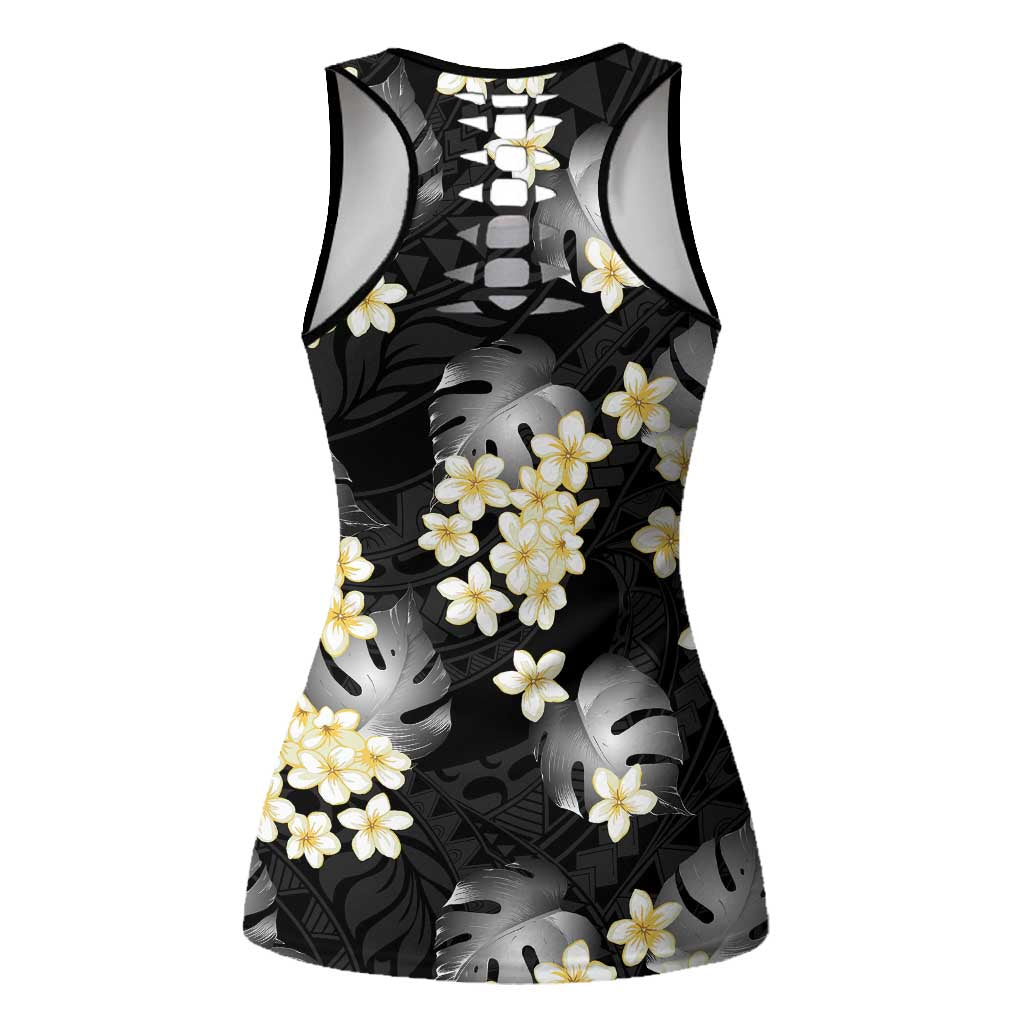 Black Tropical Hawaii Hollow Tank Top Seamless Monstera Plumeria Hawaiian Pattern LT14 - Polynesian Pride