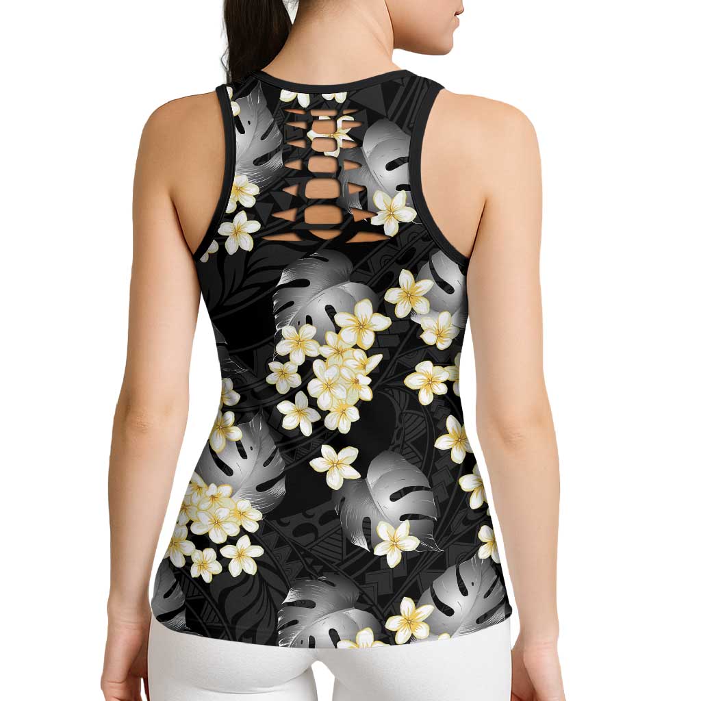 Black Tropical Hawaii Hollow Tank Top Seamless Monstera Plumeria Hawaiian Pattern LT14 - Polynesian Pride