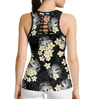 Black Tropical Hawaii Hollow Tank Top Seamless Monstera Plumeria Hawaiian Pattern LT14 - Polynesian Pride