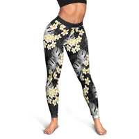 Black Tropical Hawaii Leggings Seamless Monstera Plumeria Hawaiian Pattern - Polynesian Pride