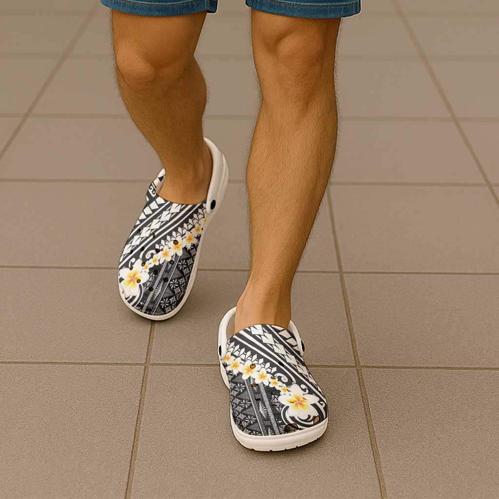 Black Vintage Tonga Ngatu Pattern With Plumeria Clogs Shoes - Polynesian Pride
