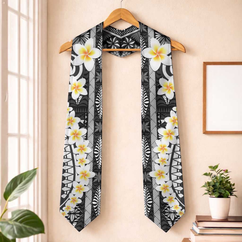 Black Vintage Tonga Ngatu Pattern With Plumeria Graduation Stole LT05 One Size Black - Polynesian Pride