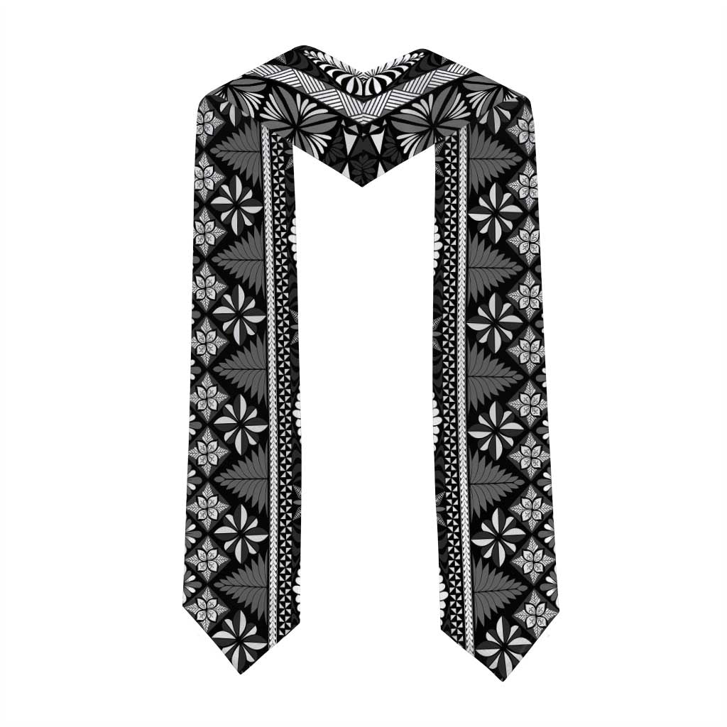 Black Vintage Tonga Ngatu Pattern With Plumeria Graduation Stole LT05 - Polynesian Pride