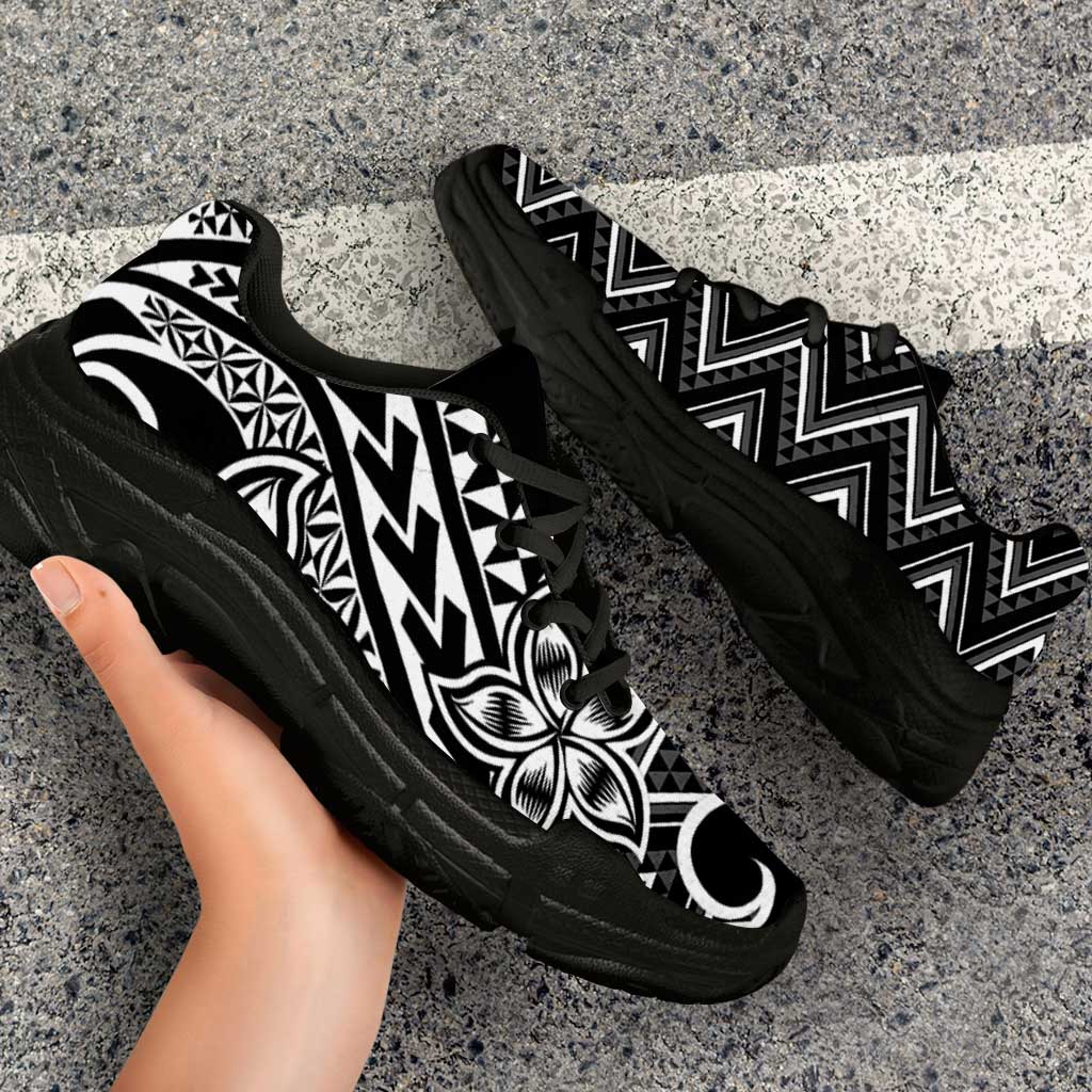 Black White New Zealand Taniko Motifs Chunky Sneakers Aotearoa Maori Plumeria Curve Style LT14 - Polynesian Pride