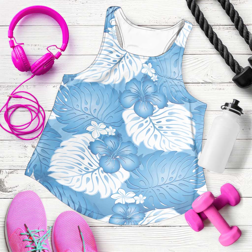 Blue Aloha Hawaii Women Racerback Tank Monstera Hibiscus Plumeria Seamless Vibes - Polynesian Pride
