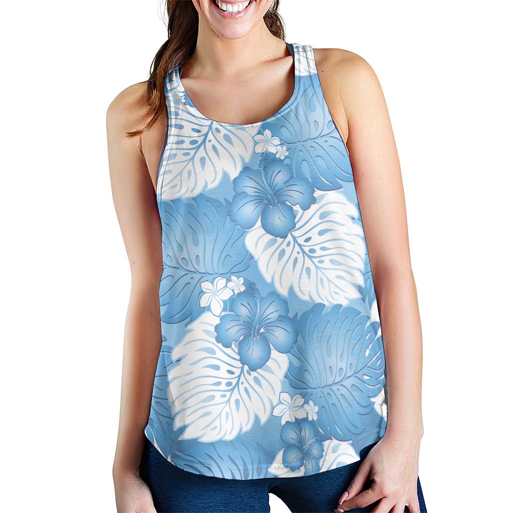 Blue Aloha Hawaii Women Racerback Tank Monstera Hibiscus Plumeria Seamless Vibes - Polynesian Pride