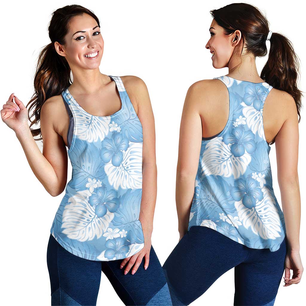 Blue Aloha Hawaii Women Racerback Tank Monstera Hibiscus Plumeria Seamless Vibes - Polynesian Pride