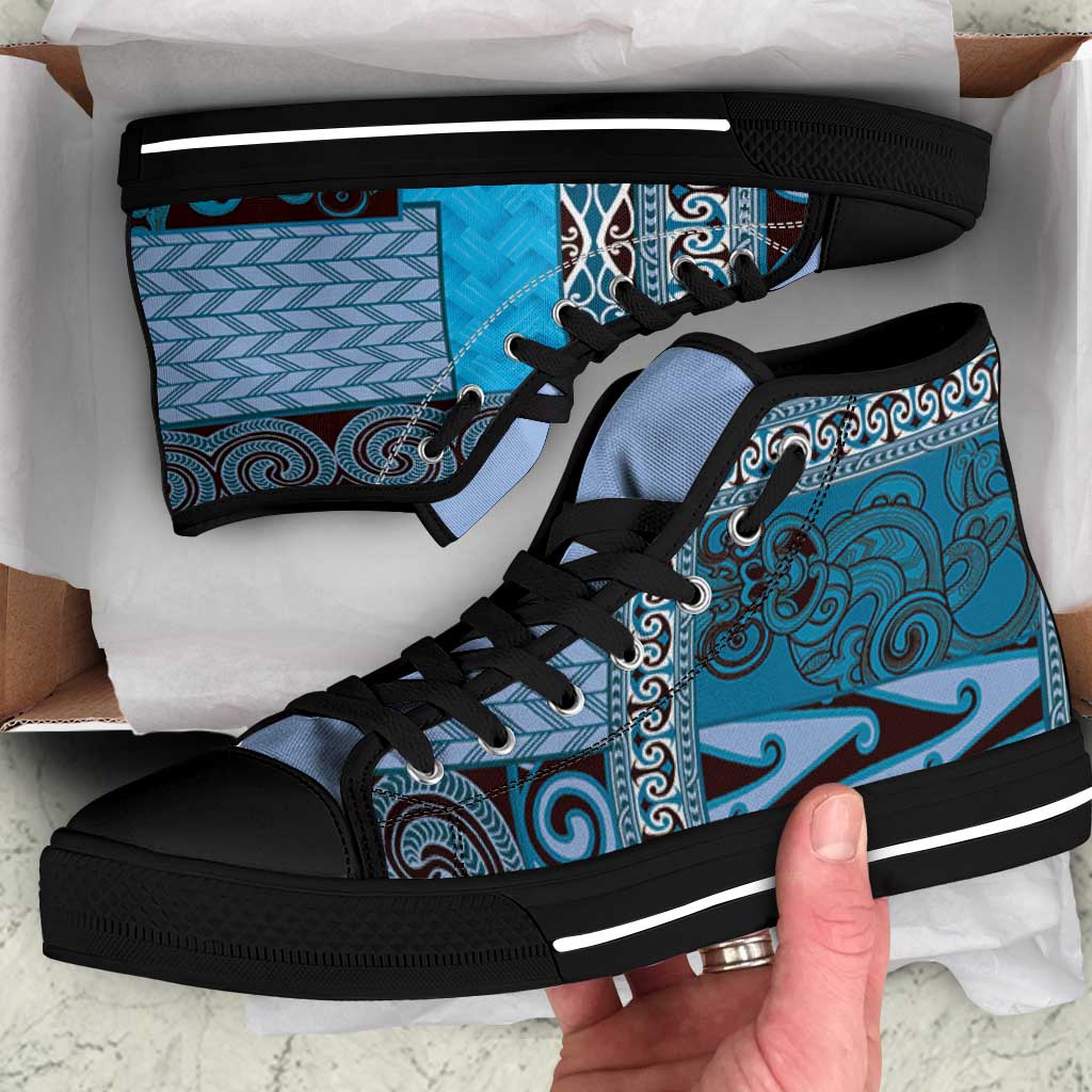 Blue Aotearoa Kowhaiwhai Pattern High Top Shoes NZ Maori Quilt Style LT14 Blue - Polynesian Pride
