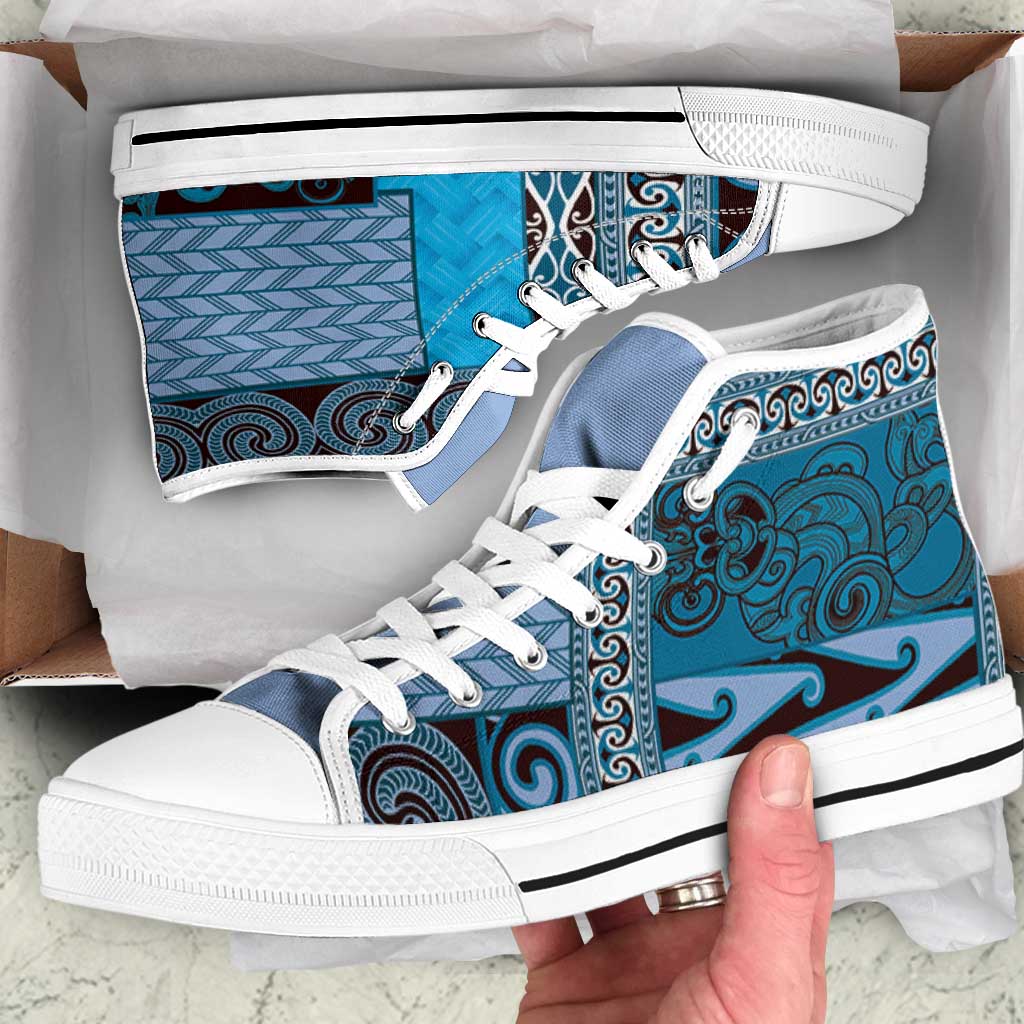 Blue Aotearoa Kowhaiwhai Pattern High Top Shoes NZ Maori Quilt Style LT14 Blue - Polynesian Pride