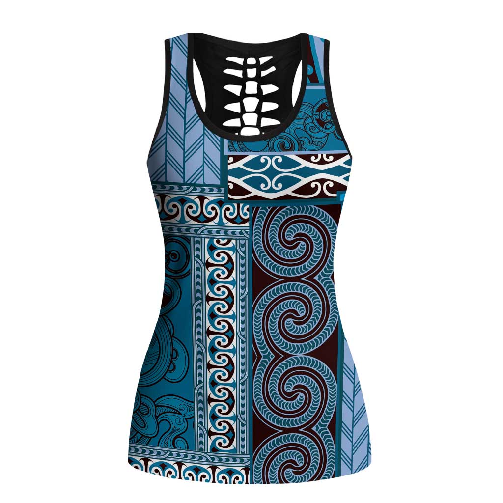 Blue Aotearoa Kowhaiwhai Pattern Hollow Tank Top NZ Maori Quilt Style LT14 Female Blue - Polynesian Pride