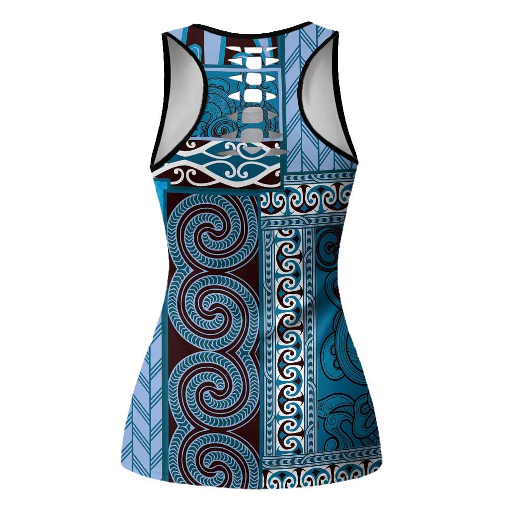 Blue Aotearoa Kowhaiwhai Pattern Hollow Tank Top NZ Maori Quilt Style LT14 - Polynesian Pride