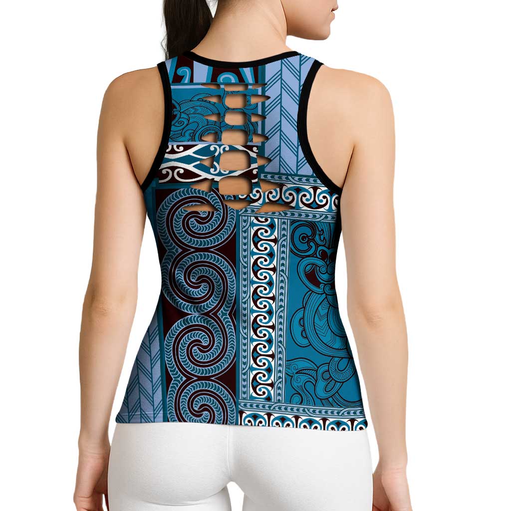Blue Aotearoa Kowhaiwhai Pattern Hollow Tank Top NZ Maori Quilt Style LT14 - Polynesian Pride